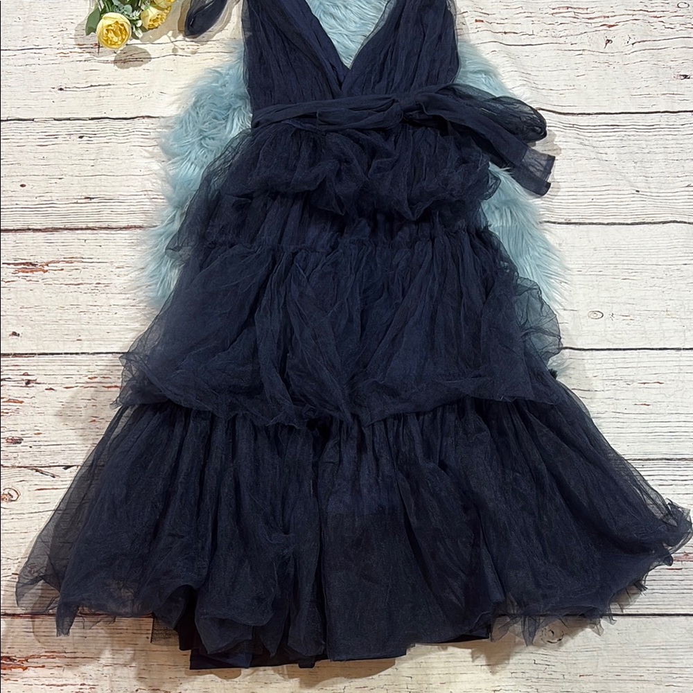 NWOT Lulus Flawless Arrival Navy Blue Tulle Tie-Strap Tiered Maxi Dress - Picture 5 of 8